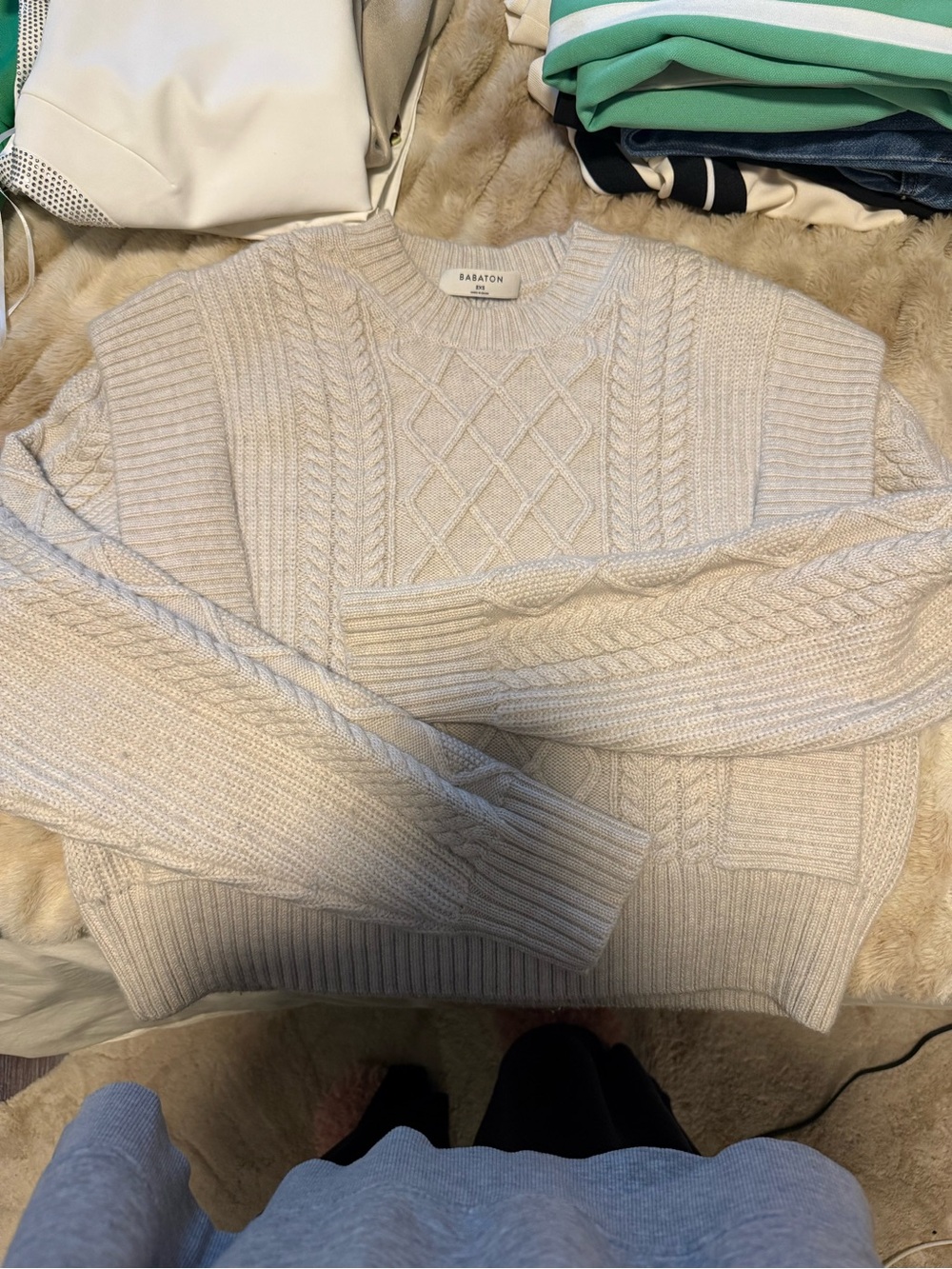 Babaton Cream Cable-Knit Crewneck Sweater